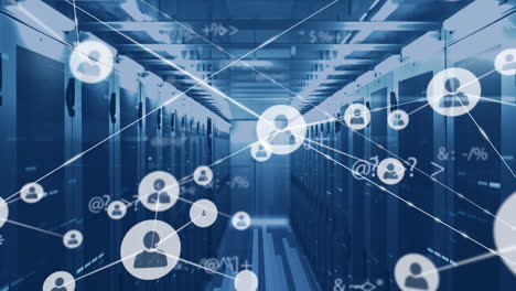 animation of network of connections with people icons over computer servers