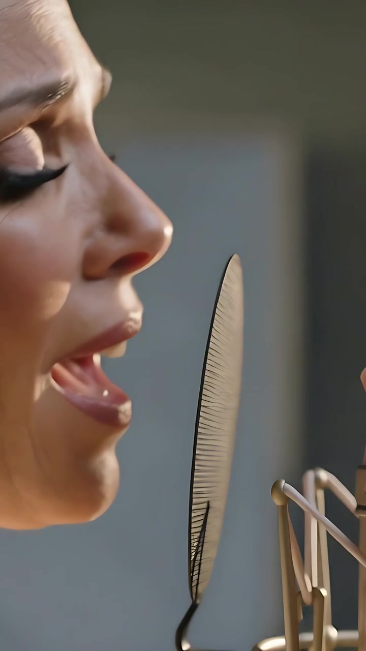 Video verticale: Cantante che registra in una cabina, che canta i testi in un microfono con filtro anti-pop, luce dall'alto