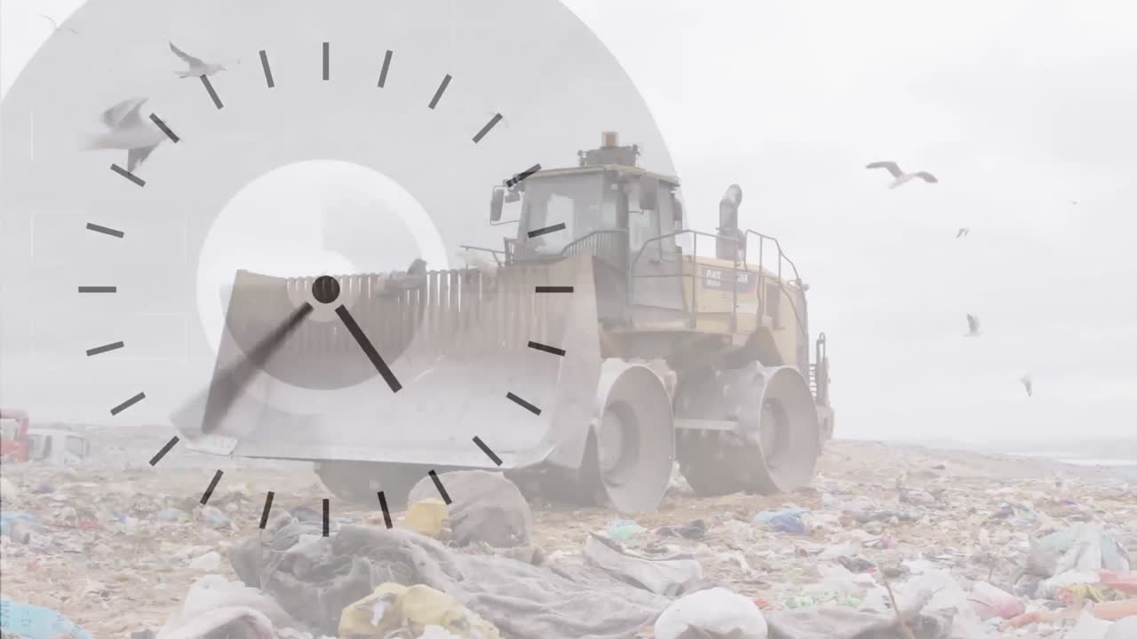 폐기물 처분장에서 불도저 위로 빠르게 움직이는 시계의 애니메이션