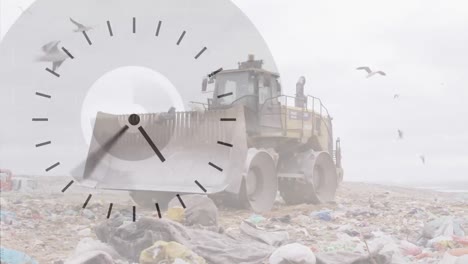 animation of clock moving fast over bulldozer in waste disposal site