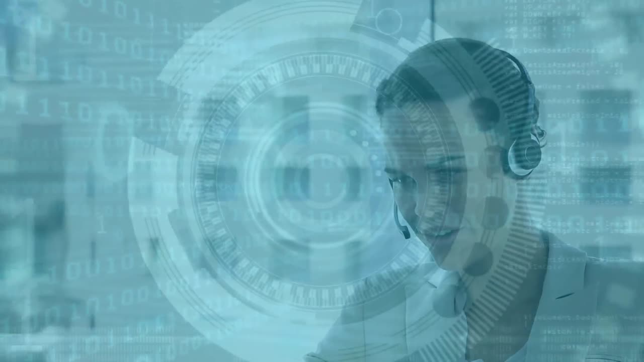 animación de una mujer caucásica con auriculares sobre estadísticas y datos