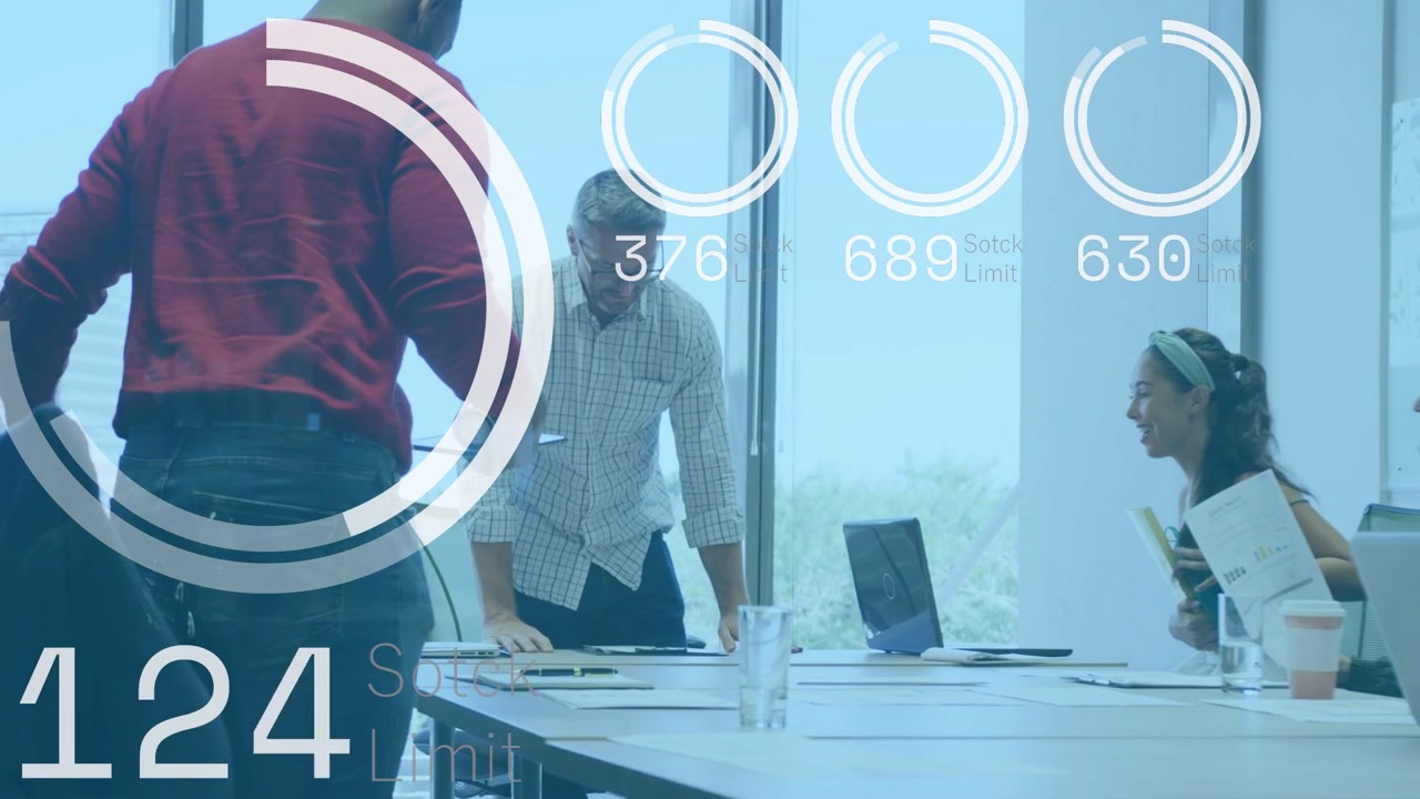 Business team leaning round table as man in red entering placing tablet gauges rising circling data
