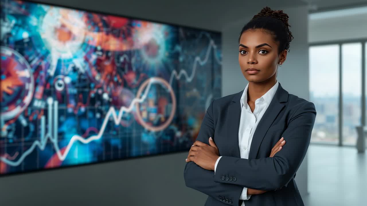 Standing executive in dark blazer crossing arms and monitoring data display at office, copy space