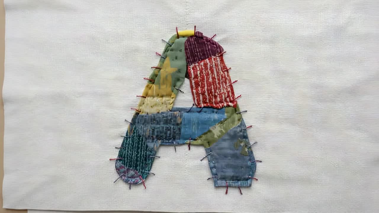 Pulling back camera and revealing patchwork letter A on white cloth and wood tabletop, with pins