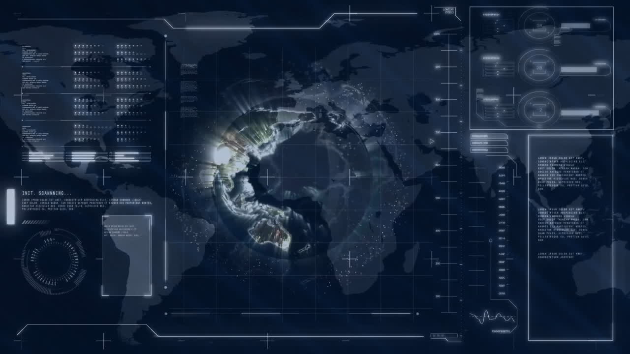 Animation of data processing with globe over world map on black background
