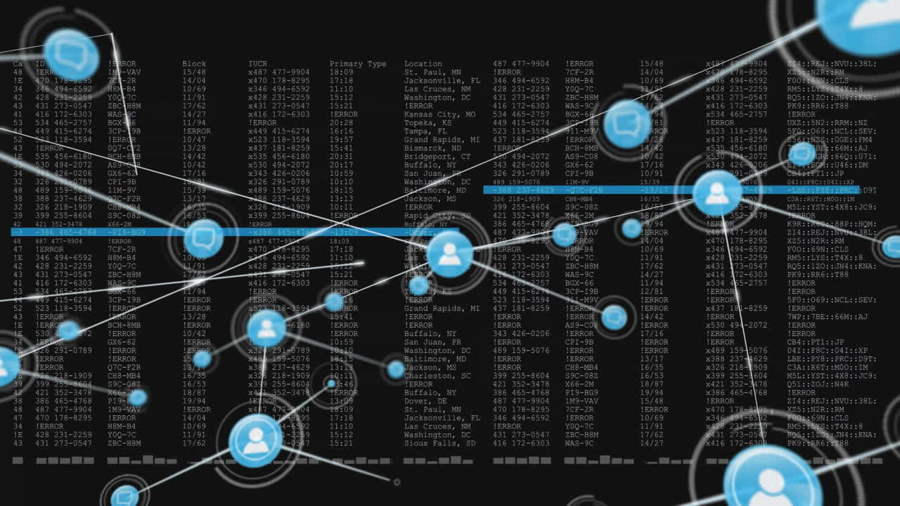 Network of connections and data processing animation over financial data background
