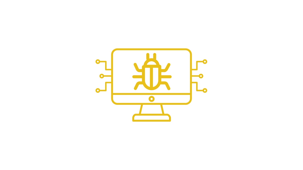 Animated Computer Monitor Icon with Bug and Security Symbols