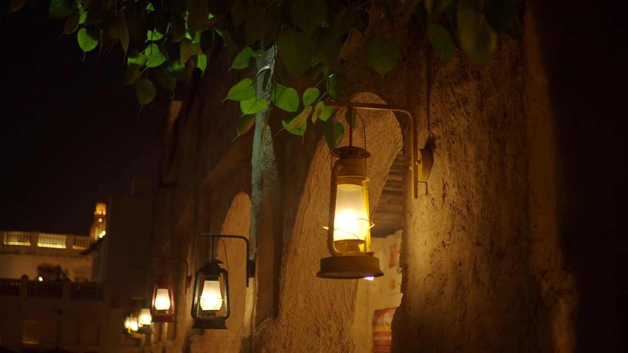 Traditional Lamps in an Old Town at Night