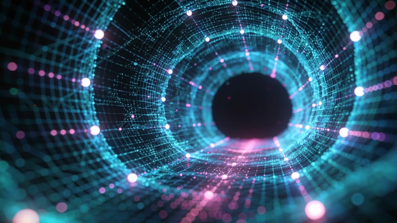 Advancing camera pushing torus wireframe tunnel into black void, with glowing nodes creating depth
