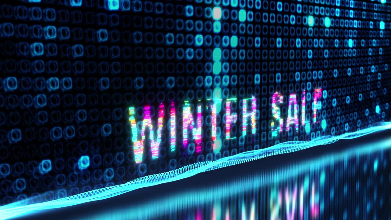 겨울 판매의 3d 애니메이션 다채로운 텍스트 단어 플리커 라이트 애니메이션 루프 디지털 효과 배경 4k 3d 원활한 루핑 겨울 판매 글리터 효과 요소