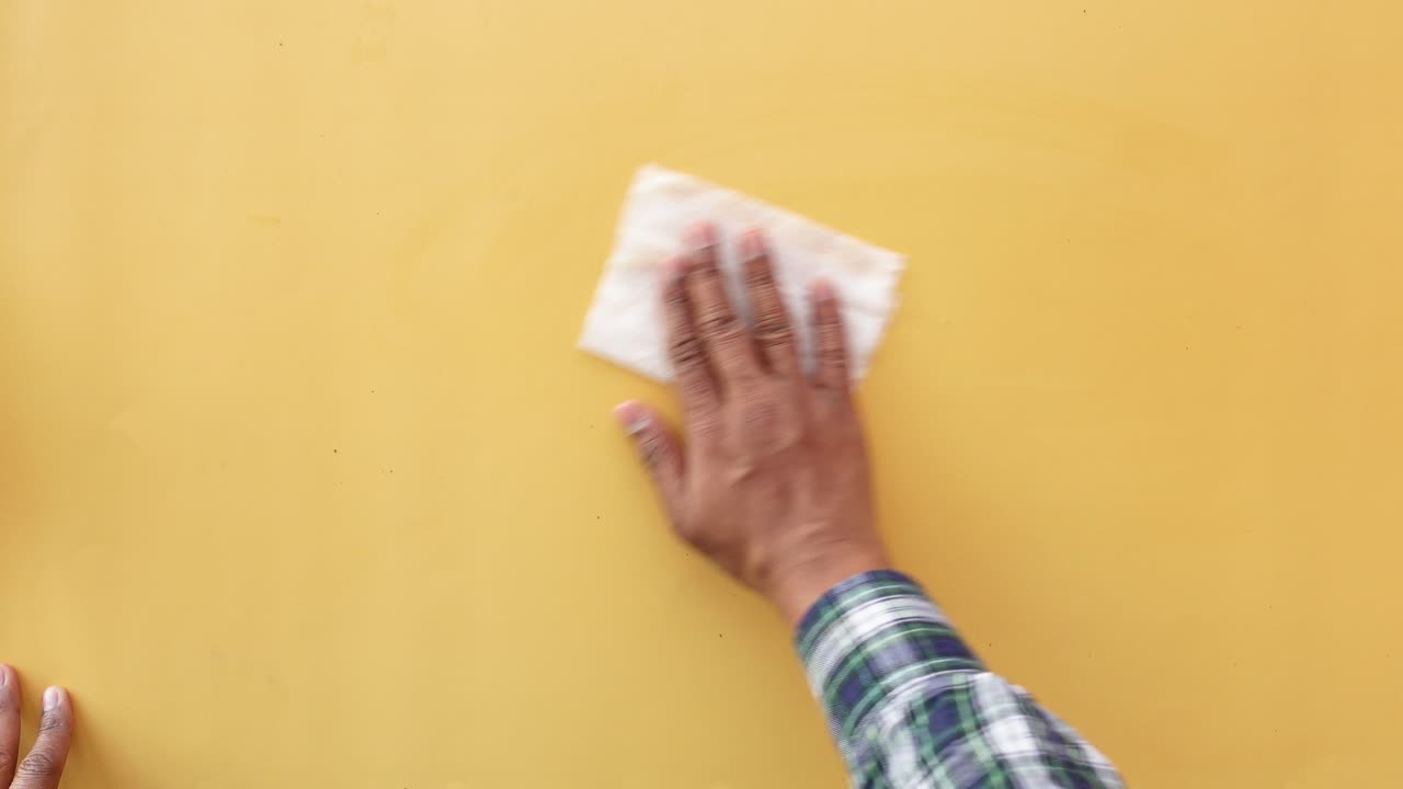 una persona limpiando una superficie amarilla con un papel higiénico blanco