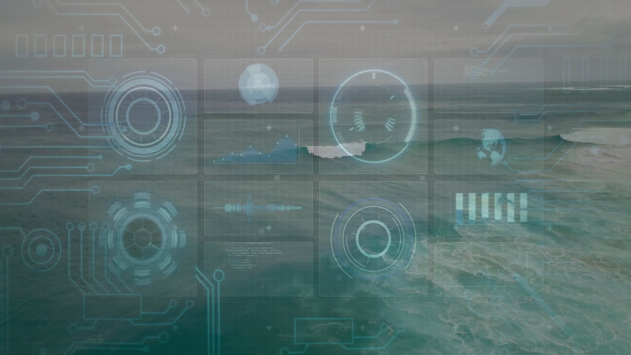 3D render HUD panels floating over ocean, displaying circular gauges, waveforms and circuit lines