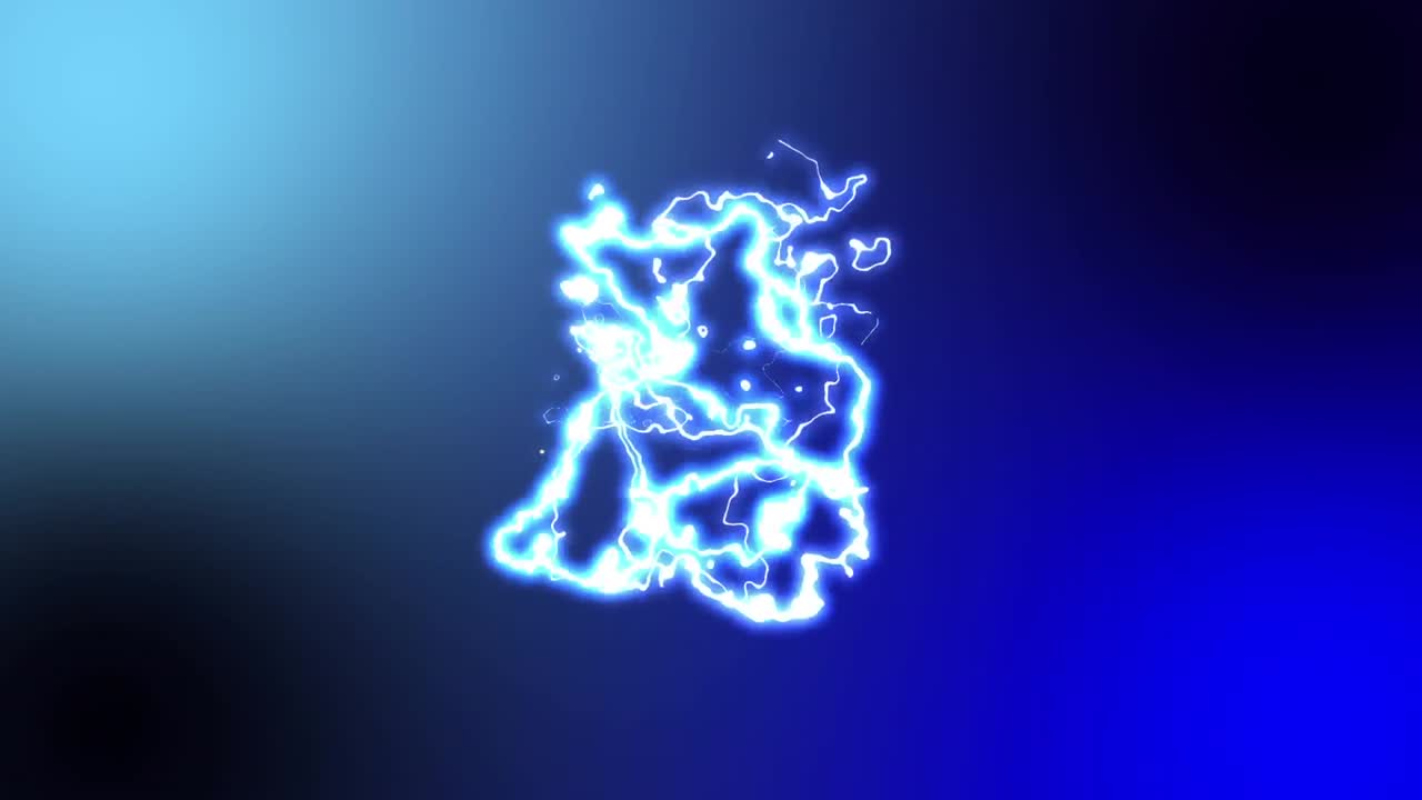 Animazione di forme caleidoscopiche rosse su correnti elettriche blu luminose, su sfondo blu.