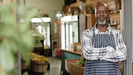 Retrato-De-Un-Feliz-Comerciante-Afroamericano-En-Una-Tienda-De-Alimentos-Saludables,-Cámara-Lenta