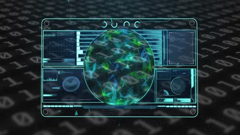 animation of covid 19 cell and scope scanning on digital screen over binary coding