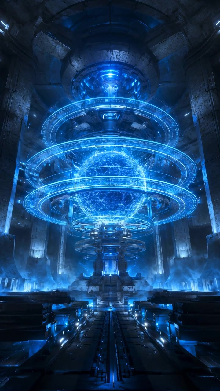 Luminous spherical core remains centered as bright circular bands shift around it above an industrial platform, with blue reflections, metallic surfaces, deep perspective, and drifting mist.