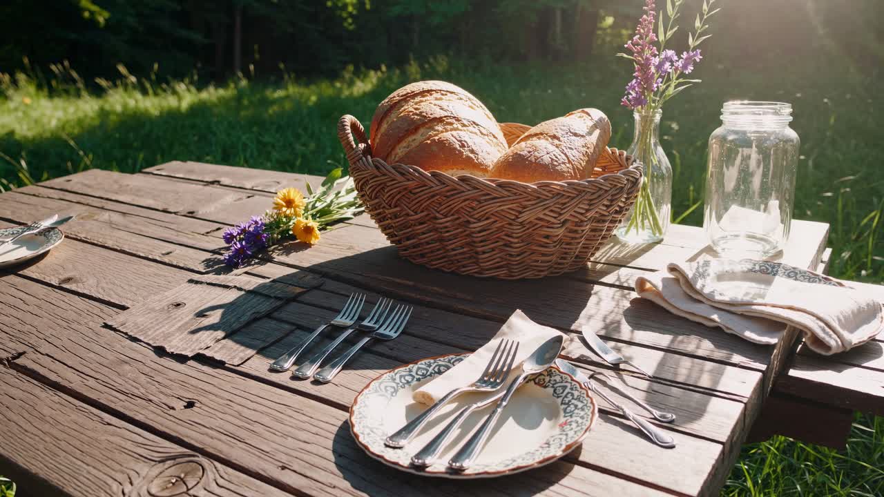 Rustic picnic setup on a wooden table with bread and flowers. Captured at a low angle