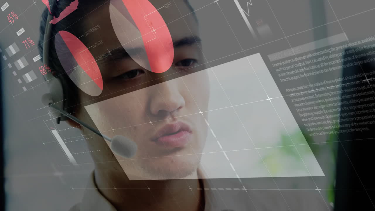 animación de procesamiento de datos sobre empresario asiático usando auriculares de teléfono