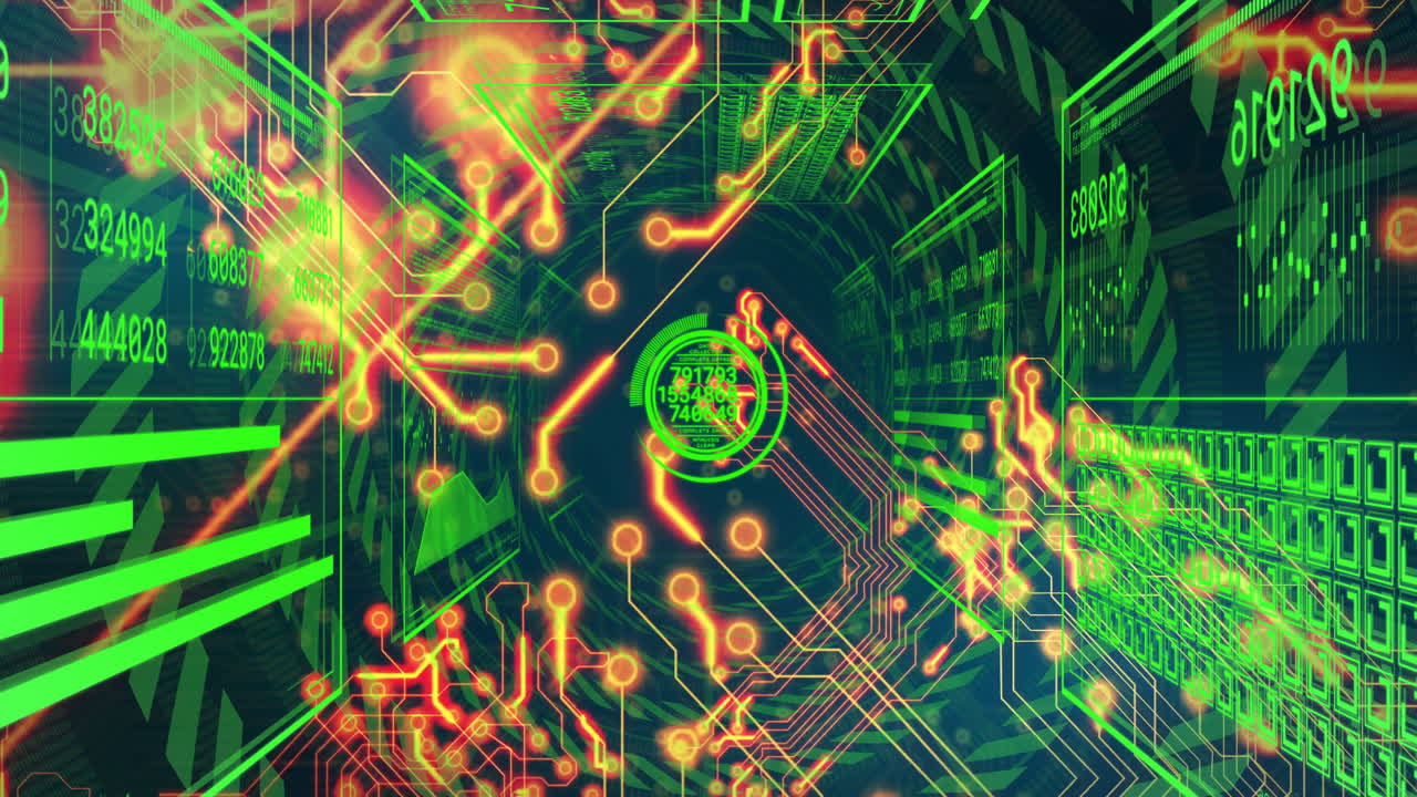Animation of glowing digital circuit board with binary code patterns in background