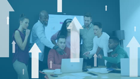animation of multiple arrow icons floating upwards against team of colleagues discussing at office