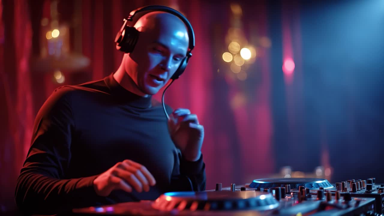 DJ'en er fokuseret på at mixe musik under røde og blå lys. Med lukkede øjne blander han numre med intens koncentration. Fingrene glider over pladespillerne og justerer lyden.