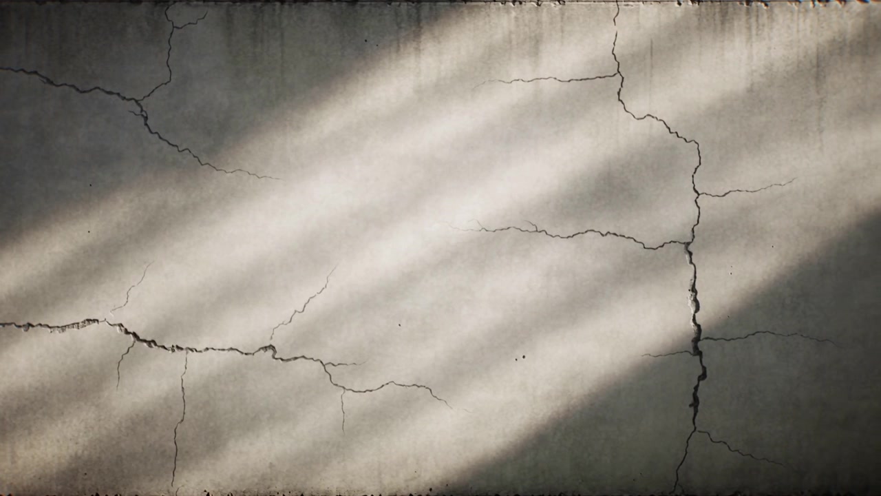 Sun through slats sweeping angled light across cracked plaster wall indoors exposing vertical crack