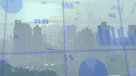 Animation-Von-Statistiken-Und-Finanzdatenverarbeitung-über-Dem-Stadtbild