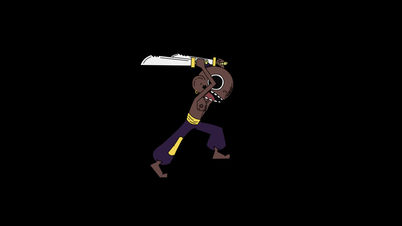 Personaggio animato 2D che corre con due spade, loop, movimento fluido su sfondo trasparente, canale alfa, ideale per giochi, grafica in movimento e progetti digitali