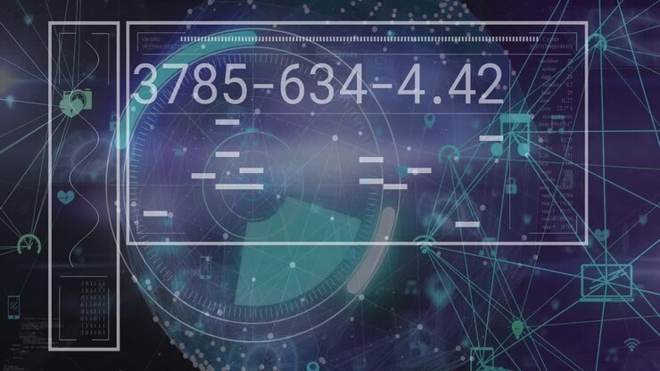 Animation of digital screen with data processing, radar and numbers on navy background