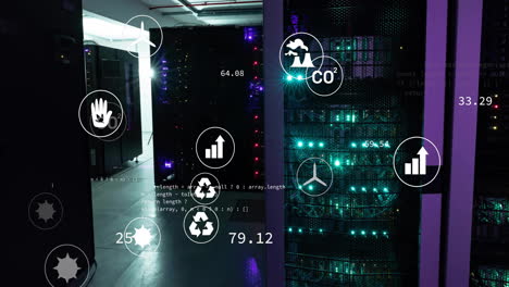 animation of ecology icons and data processing over server room