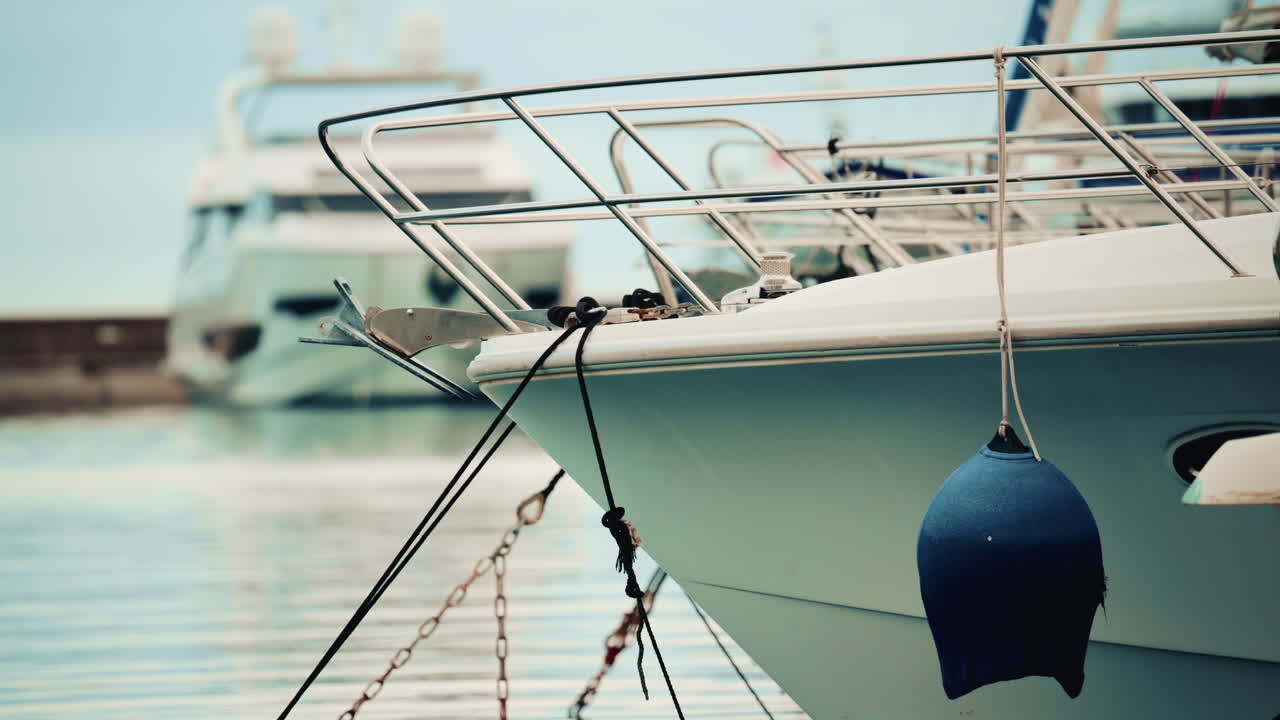 Detailed close up of a yacht's bow and anchor tied with ropes, with other boats blurred in the background