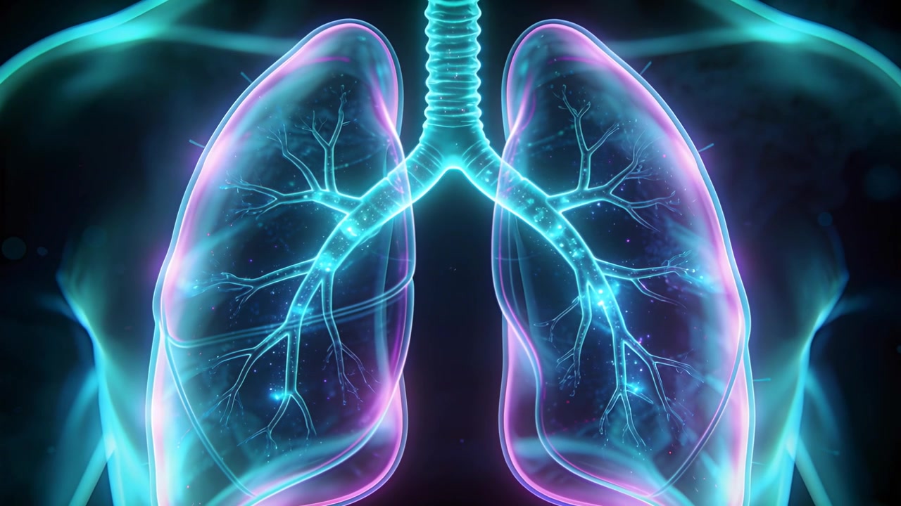 Polmoni pulsanti con trachea che mostra la respirazione all'inizio, bronchi con flusso di particelle luminose a scopo didattico.