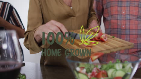 animation of home grown text over diverse group of seniors cooking