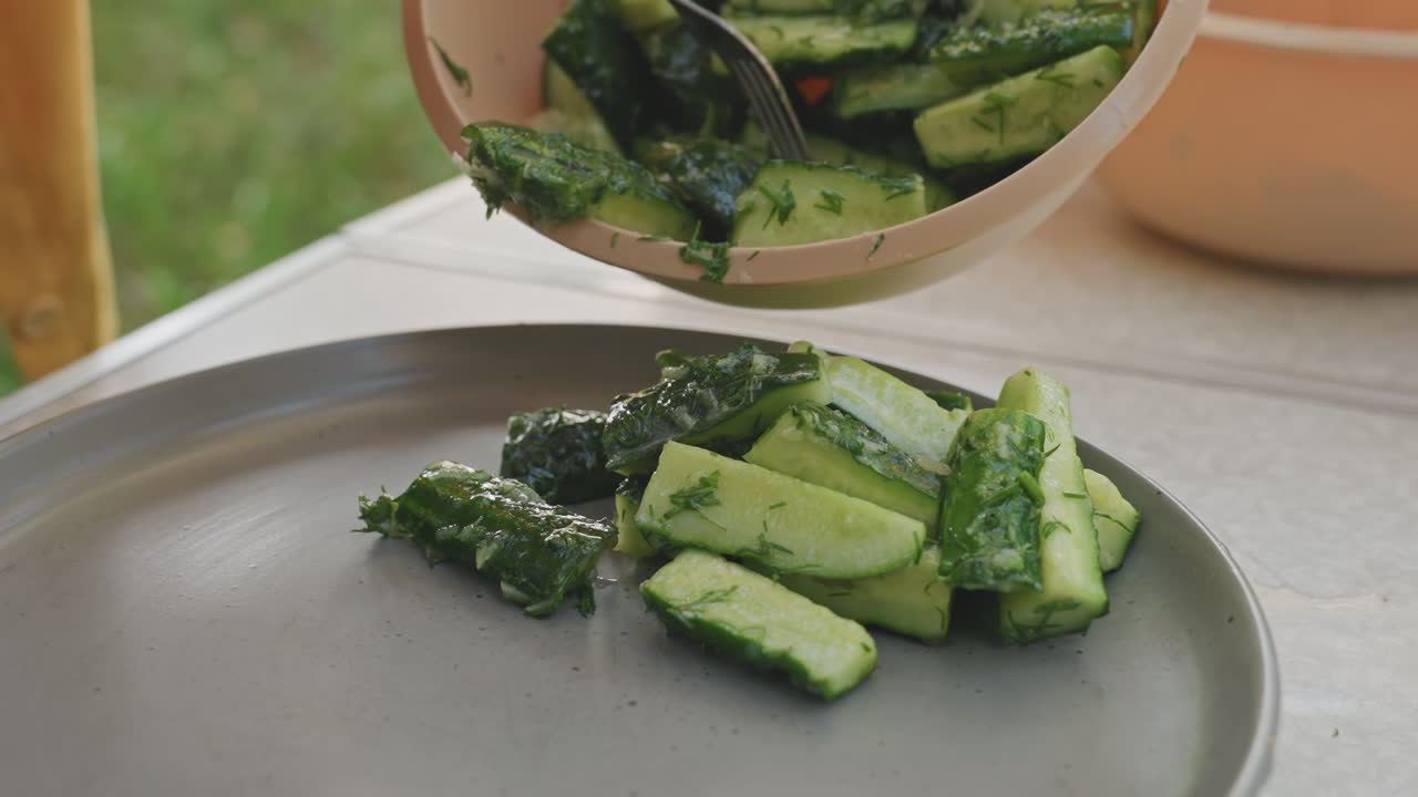 Campista exibe pedaços de pepino tostado ao ar livre. Palitos de pepino fresco servidos em prato de cerâmica no acampamento. Prato de cerâmica com pedaços de pepino temperado, situado em meio a um ambiente de piquenique natural