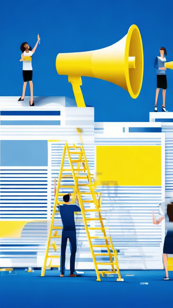 Kreativt team samarbejder om en marketingstrategi ved hjælp af højttalere og stiger i et farverigt kontormiljø for forbedret kommunikation