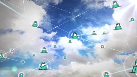 animación de iconos conectados con líneas sobre vista aérea de nubes densas en el cielo