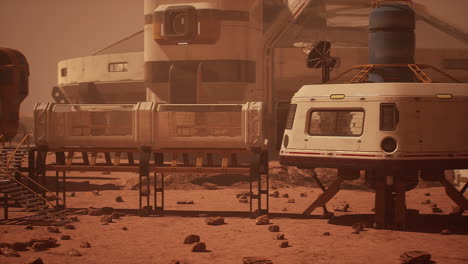 una base futurista de marte con un hábitat y una nave espacial