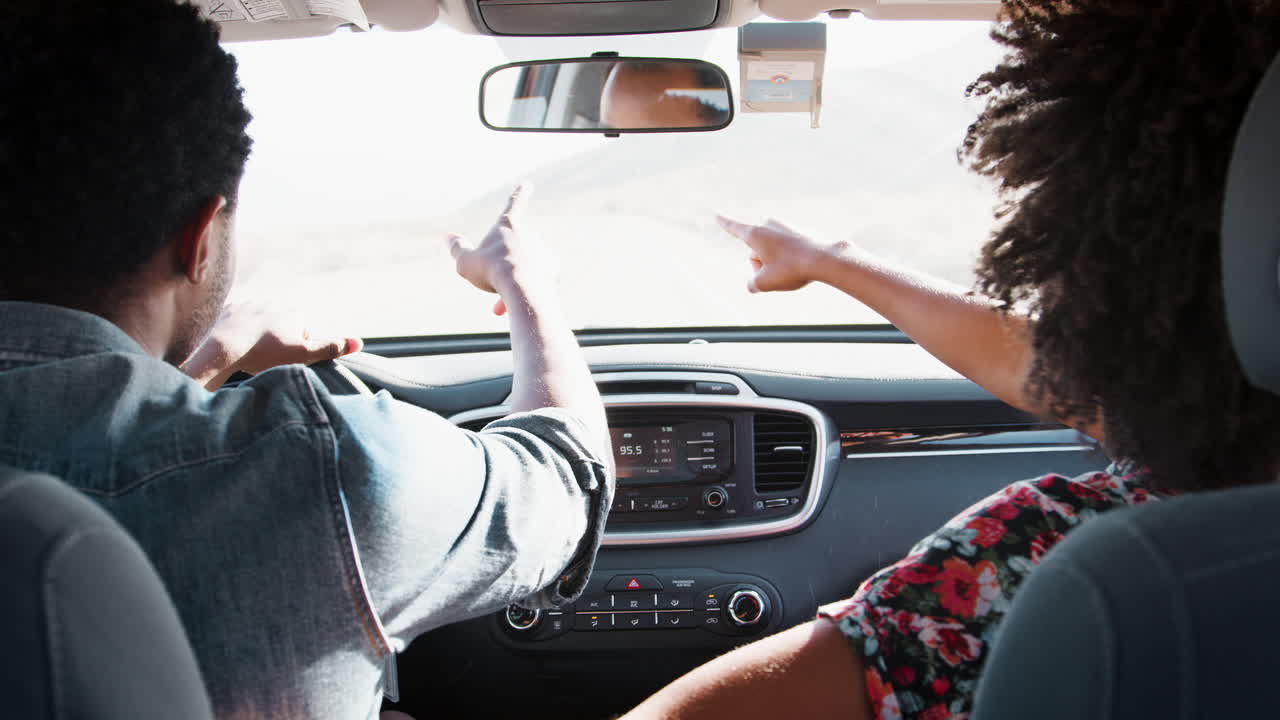 Young black couple driving on desert road, back view close up
