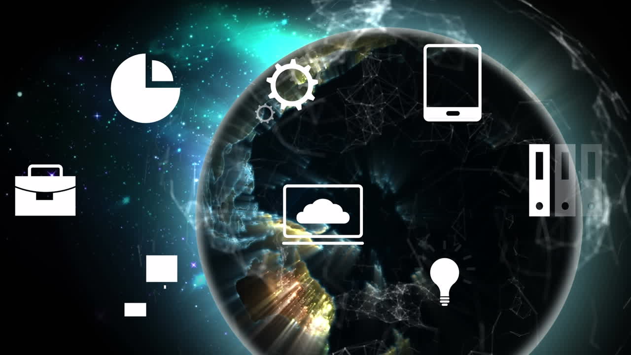 animación de múltiples iconos digitales sobre un globo giratorio contra el espacio
