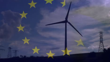Animation-of-european-union-flag-over-rotating-wind-turbine-and-electricity-pylons-in-field-at-dusk