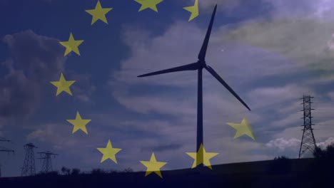 animation of european union flag over rotating wind turbine and electricity pylons in field at dusk