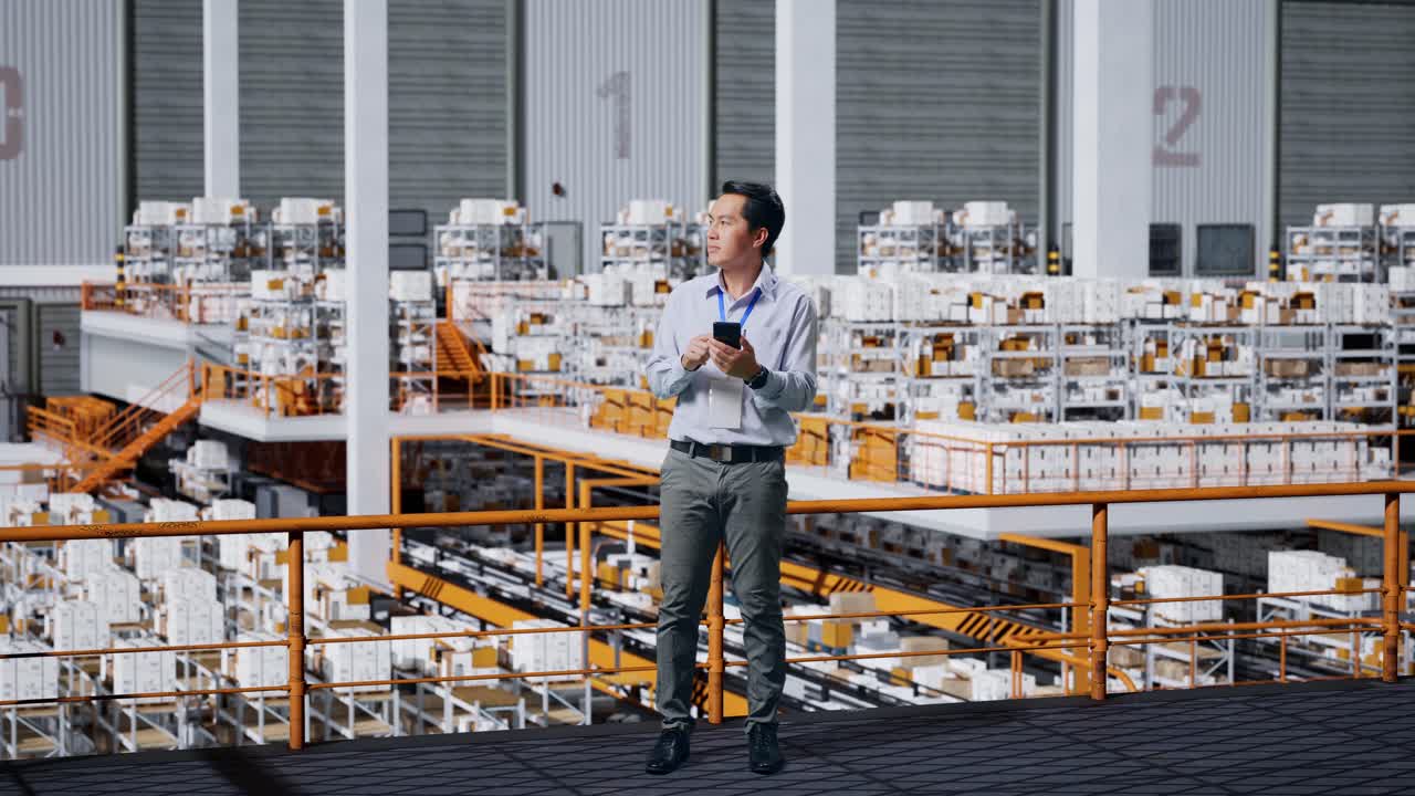cuerpo lleno de hombre de negocios asiático usando teléfono móvil un mirando a su alrededor en el almacén