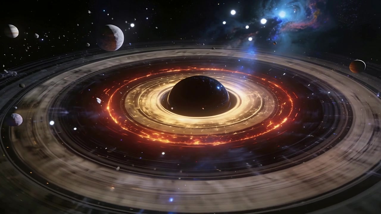 Orbiting camera showing dark sphere and golden disk shifting across dusty rings, revealing moons
