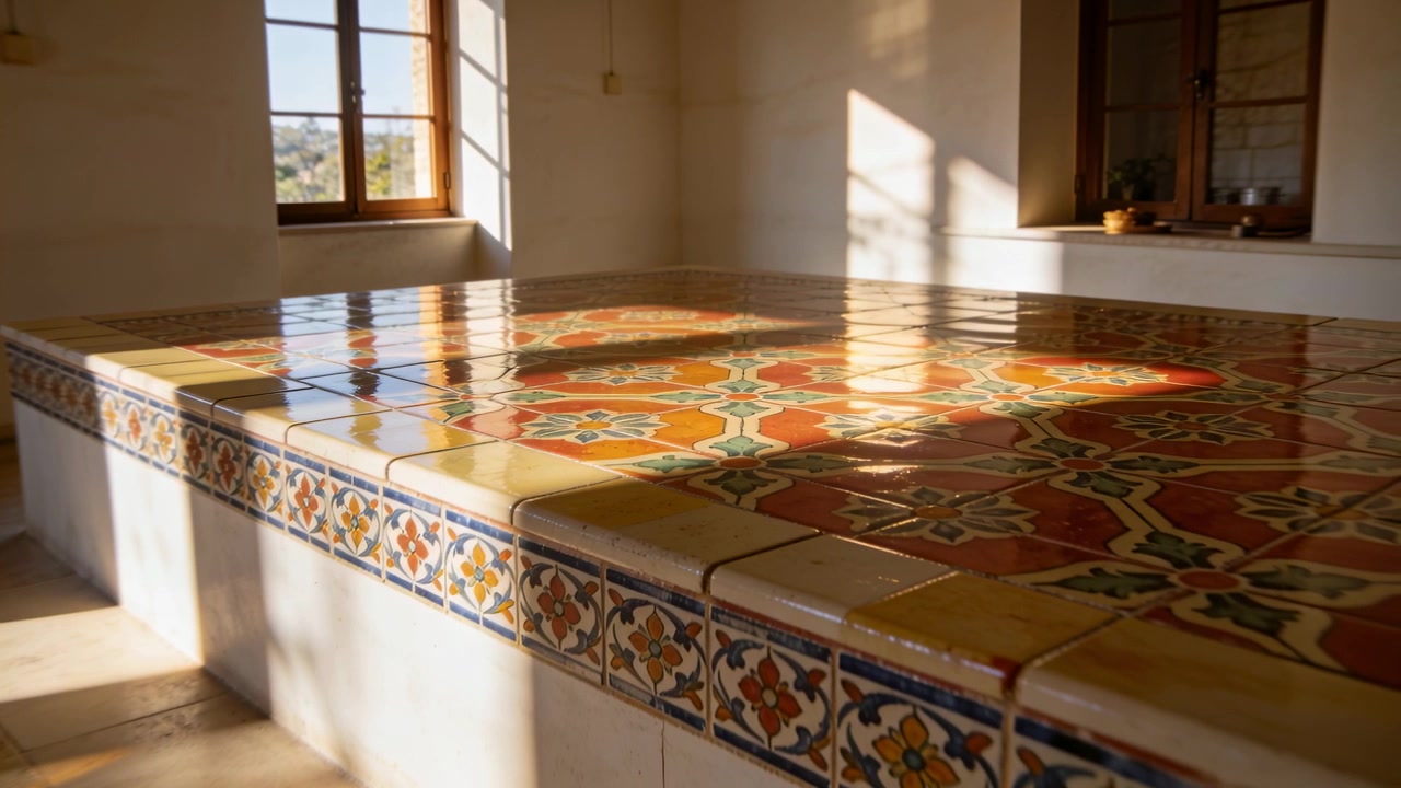 Panoramica della telecamera che rivela una piattaforma piastrellata a motivi che riflette la luce del sole in una stanza color crema con una pianta.