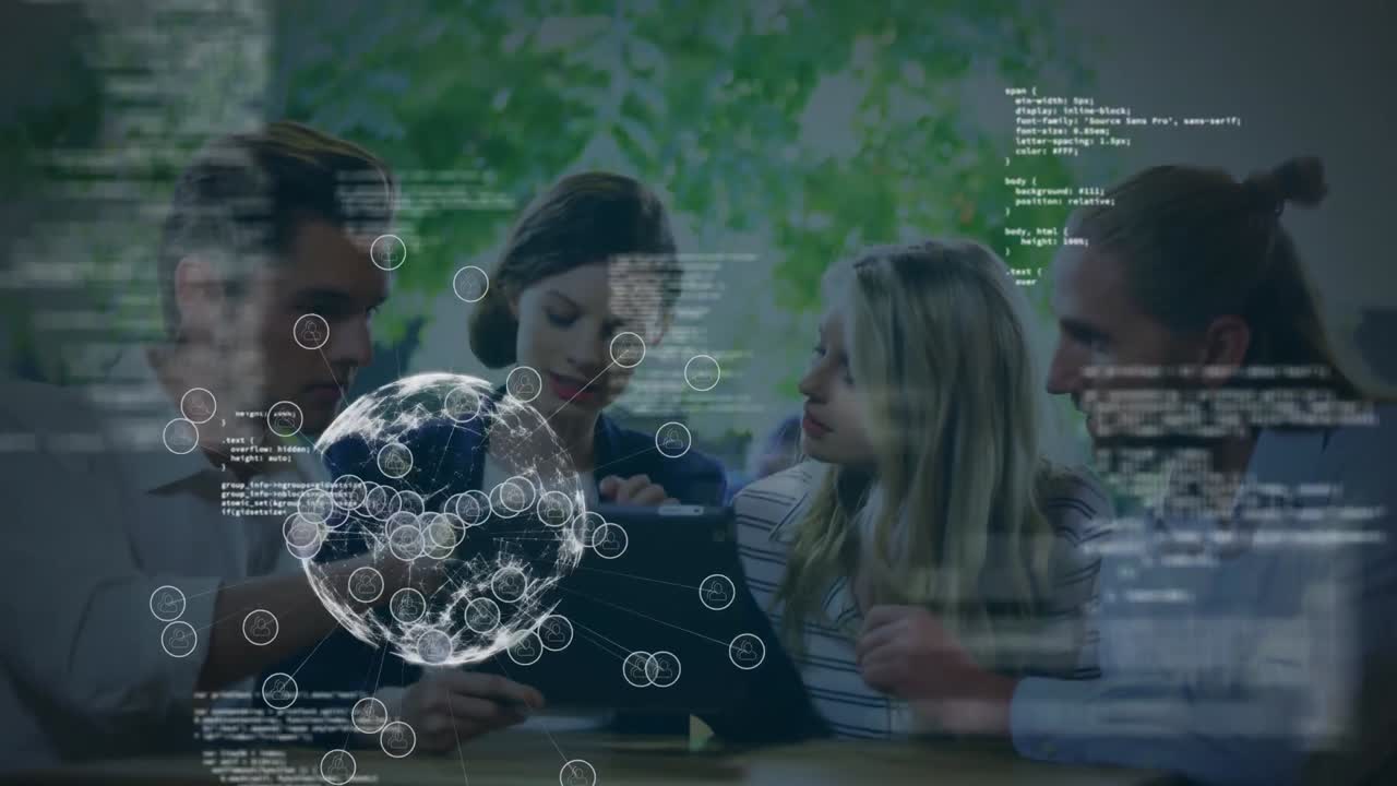 animazione dell'elaborazione dei dati finanziari su un gruppo di uomini d'affari che parlano