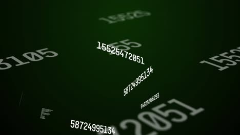 Digital animation of changing numbers and data processing against green background