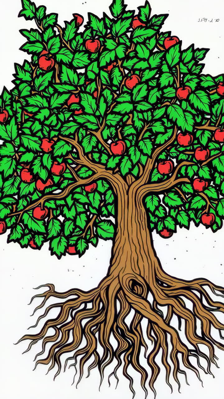 Stylized Apple Tree Illustration with Exposed Roots