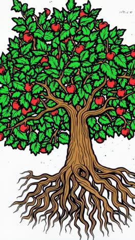 stylized apple tree illustration with exposed roots