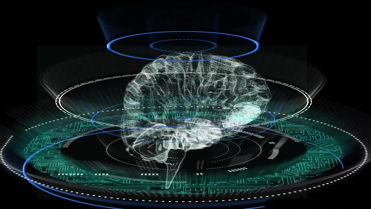 Animation of brain rotating, data processing, integrated circuits and circles on black background