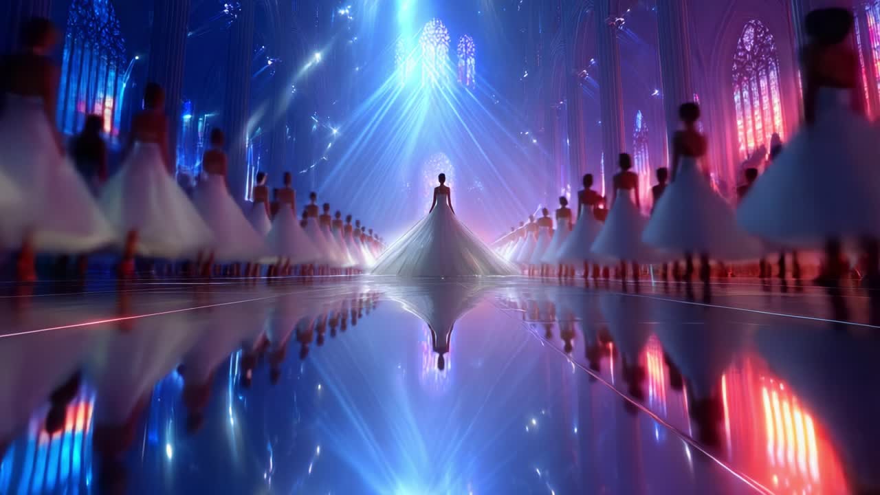 A mesmerizing scene unfolds in a grand hall where a stunning figure in a flowing gown stands illuminated by radiant lights, surrounded by a mesmerizing reflection that enhances the ethereal atmosphere